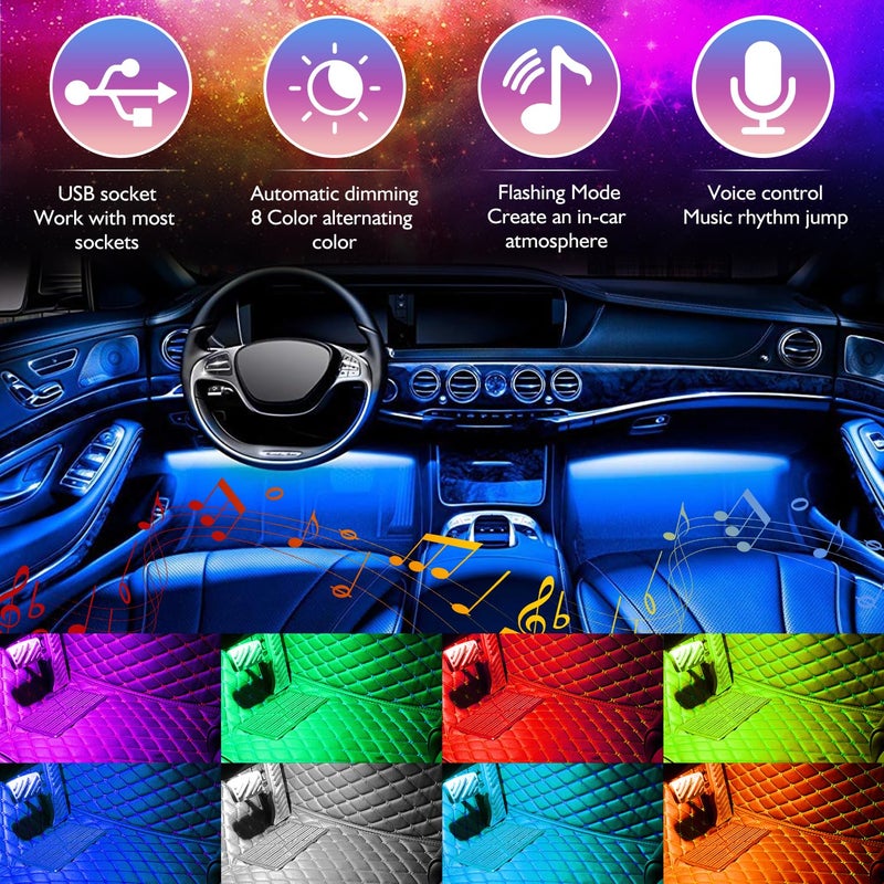 Sunnest Car LED Strip Lights Christmas, 4Pcs 48 LED Interior Lights, Multicolor Music Car Strip Light Under Dash Lighting Kit with Sound Active Function and Remote Controller, DC 5V - Image 2